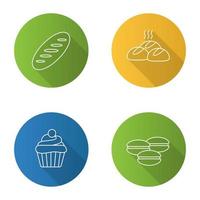 Bakery flat linear long shadow icons set. Bread loaf, dinner rolls, cupcake, macarons. Vector outline illustration