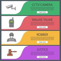 Police web banner templates set. Surveillance camera, walkie talkie, robber, gavel. Website color menu items. Vector headers design concepts