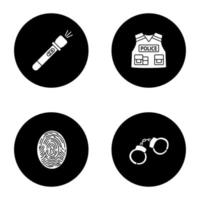 Police glyph icons set. Flashlight, bulletproof vest, fingerprint, handcuffs. Vector white silhouettes illustrations in black circles