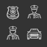 Police chalk icons set. Policeman and policewoman, car, badge. Isolated vector chalkboard illustrations
