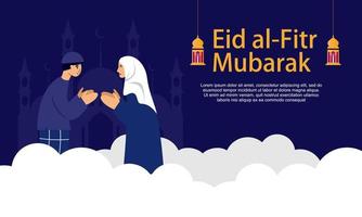 Happy eid mubarak, ramadan mubarak greeting concept with people character illustration vector