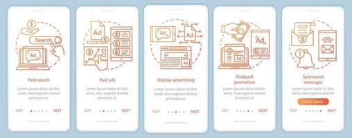 Plantilla de vector de pantalla de página de aplicación móvil de incorporación de canales ppc naranja. marketing de medios, redes publicitarias recorren los pasos del sitio web con ilustraciones lineales. ux, ui, concepto de interfaz de teléfono inteligente gui