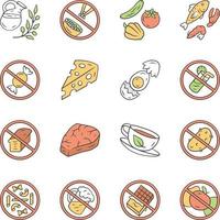 Keto diet color icons set. Low carbs and healthy eating. High fat and protein products. Alcohol, sugar free food labels. Fish, veggies, natural herbal drink isolated vector illustrations