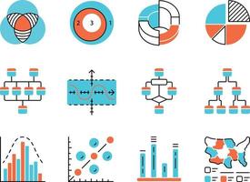 Diagram color icons set. Schematic representation of info. Statistics data visualization. Analytical report. Science, computer technologies, business, finance. Isolated vector illustrations