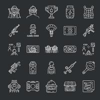 Online game inventory chalk icons set. Shooter from first person. Online multiplayer battle royale. Esports, cybersports equipment. Computer, video game tools. Isolated vector chalkboard illustrations