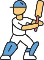 Cricket player color icon. Batsman ready to fight off pitch. Cricketer in white uniform, leg pads with bat. Sport contest, tournament. Team game. Athlete on playground. Isolated vector illustration