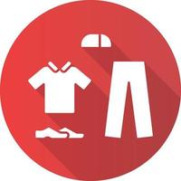 Cricket uniform flat design long shadow glyph icon. Cricket whites. Sport flannels. Sportswear. Collared shirt, long trousers, cap, shoes. Man outfit. Team clothes. Vector silhouette illustration