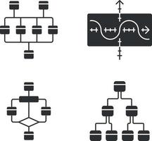 conjunto de iconos de glifo de diagramas. red, árbol, gráfico de función, diagrama de flujo. flujo del proceso. visualización de datos estadísticos. representación simbólica de la información. símbolos de silueta. ilustración vectorial aislada vector