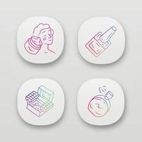 Make up accessories app icons set. UI UX user interface. Feminine hygiene, skincare products. Web or mobile applications. Vector isolated illustrations. Nail polish, face cream, cosmetic kit, perfume