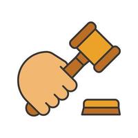 Hand holding gavel color icon. Court hammer. Auction bid. Isolated vector illustration