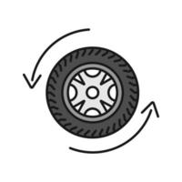 Automobile wheel changing color icon. Car rim and tire with circle arrow. Isolated vector illustration