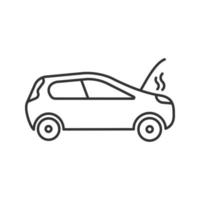 Broken car linear icon. Thin line illustration. Automobile with open hood and smoke. Contour symbol. Vector isolated outline drawing