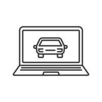 Laptop with car linear icon. Thin line illustration. Taxi website. Contour symbol. Vector isolated outline drawing