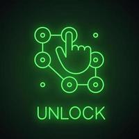 Lock pattern neon light icon. Hand entering smartphone password. Security glowing sign. Vector isolated illustration
