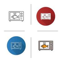 Cooking fish in microwave oven icon. Flat design, linear and color styles. Reheating meal. Isolated vector illustrations