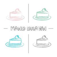 Cheesecake with strawberry hand drawn icons set. Piece of cake. Color brush stroke. Isolated vector sketchy illustrations