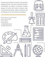 School supplies article page vector template. Stationery and equipment. Brochure, magazine, booklet design element with linear icons and text boxes. Print design. Concept illustrations with text space