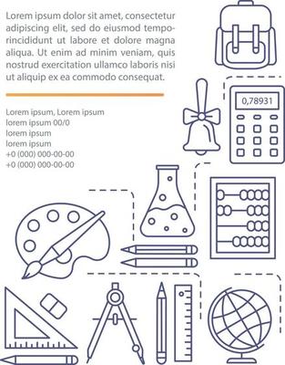 School supplies article page vector template. Stationery and equipment. Brochure, magazine, booklet design element with linear icons and text boxes. Print design. Concept illustrations with text space
