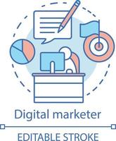 Digital marketer concept icon. Digital marketing specialty idea thin line illustration. Target advertising specialist. Market research analyst. Vector isolated outline drawing. Editable stroke
