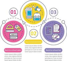 anuncio escolar, plantilla infográfica vectorial de suministros. elementos de diseño de presentación de negocios. visualización de datos con tres pasos y opciones. gráfico de línea de tiempo del proceso. diseño de flujo de trabajo con iconos lineales vector