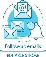 Follow-up emails blue concept icon. Attracting clients idea thin line illustration. Email marketing. Mass mailing. Product ads. Post-purchase emails. Vector isolated outline drawing. Editable stroke