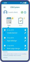 plantilla de vector de interfaz de teléfono inteligente del sistema crm. Diseño de diseño azul de la página de la aplicación del administrador de clientes móviles. pantalla del software de gestión de clientes. interfaz de usuario plana para la aplicación. organizador de negocios. pantalla del teléfono