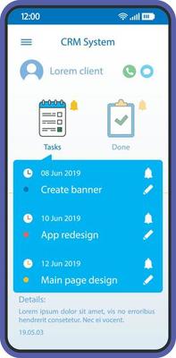 CRM system smartphone interface vector template. Mobile customer manager app page blue design layout. Client management software screen. Flat UI for application. Business organizer. Phone display