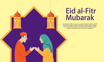 Happy eid mubarak, ramadan mubarak greeting concept with people character illustration vector