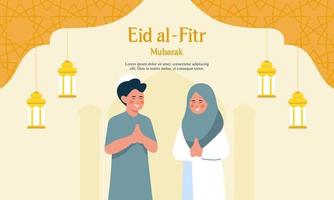 Happy eid mubarak, ramadan mubarak greeting concept with people character illustration vector