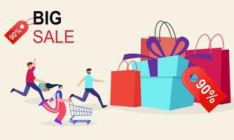 People run with shopping cart bag present box black friday big sale banner vector illustration