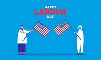 Happy labor day. various occupations people standing with american flag vector