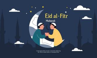 Happy eid mubarak, ramadan mubarak greeting concept with people character illustration vector