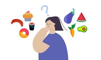 Woman choosing between healthy and unhealthy food concept illustration vector