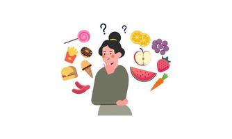 mujer eligiendo entre ilustración de concepto de alimentos saludables y no saludables vector