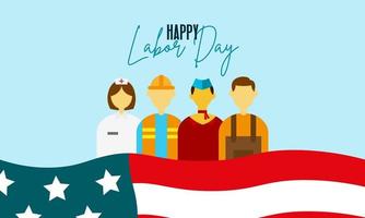 Happy labor day. various occupations people standing with american flag vector