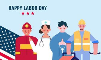 Happy labor day. various occupations people standing with american flag vector