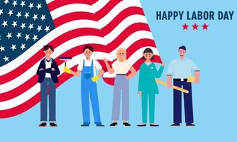 Happy labor day. various occupations people standing with american flag vector