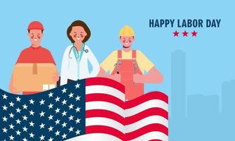 Feliz Día del Trabajo. varias ocupaciones personas de pie con bandera americana vector