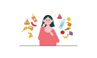 Woman choosing between healthy and unhealthy food concept illustration vector