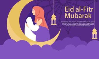 Happy eid mubarak, ramadan mubarak greeting concept with people character illustration vector