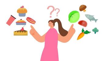 Woman choosing between healthy and unhealthy food concept illustration vector