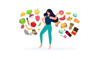 mujer eligiendo entre ilustración de concepto de alimentos saludables y no saludables vector