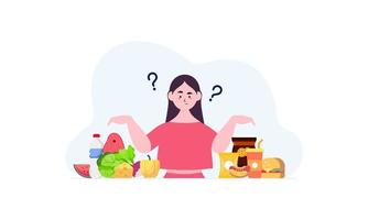 mujer eligiendo entre ilustración de concepto de alimentos saludables y no saludables vector