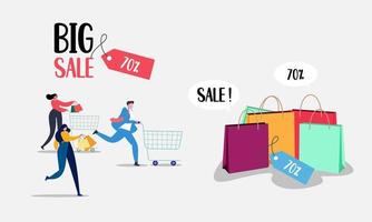 People run with shopping cart bag present box black friday big sale banner vector illustration
