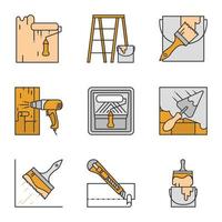 Construction tools color icons set. Paint roller, scaffolding ladder, bucket with brush, hot air gun, putty knife, glue brush, stationery knife, dyeing. Isolated vector illustrations