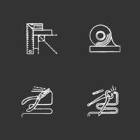 Construction tools chalk icons set. Set square, adhesive tape, round nose and carpenter's end pliers. Isolated vector chalkboard illustrations