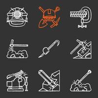 Construction tools chalk icons set. Safety helmet, mining emblem, screw clamp, pickaxe, crowbar in hand, bench vice and wire brush, iron chisel, digging shovel. Isolated vector chalkboard illustration