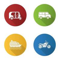conjunto de iconos de glifo de sombra larga de diseño plano de transporte público. modos de transporte. auto rickshaw, minivan, crucero, moto. ilustración de silueta vectorial vector