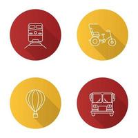 Public transport flat linear long shadow icons set. Modes of transport. Train, cycle rickshaw, hot air balloon, bus. Vector outline illustration