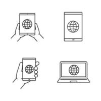 Internet connection linear icons set. Thin line contour symbols. Hand holding tablet pc, smartphone and laptop with globe. Isolated vector outline illustrations. Editable stroke